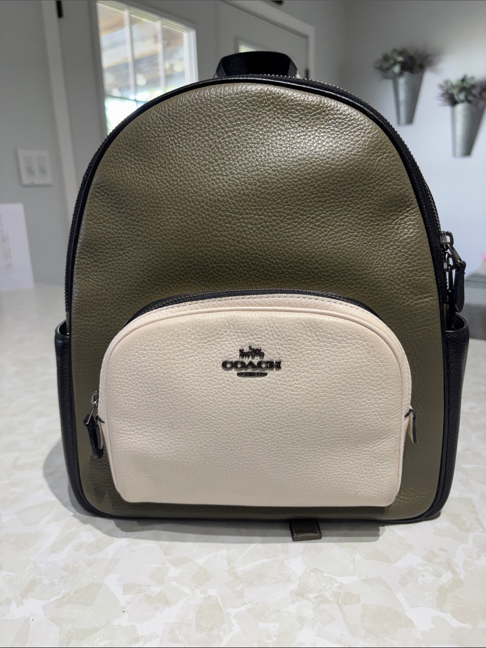 Coach Olive, Cream and Black Pebbled Leather Mini Backpack
